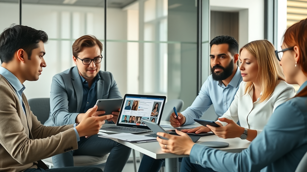 Marketers evaluating influencer profiles on digital devices during a collaborative branding meeting