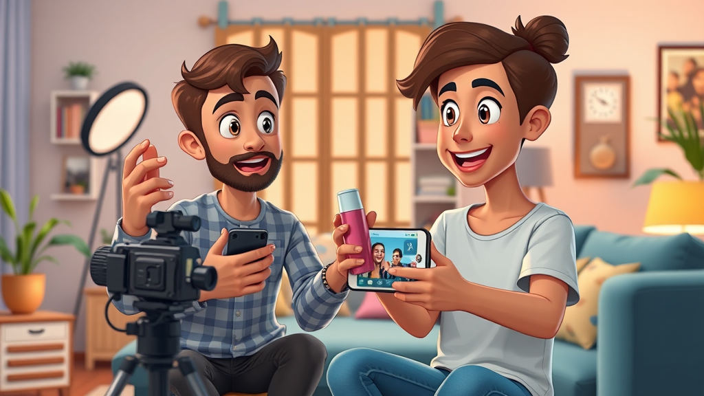 Influencer enthusiastically recommending a product to a mobile audience during a live review in a vibrant living room