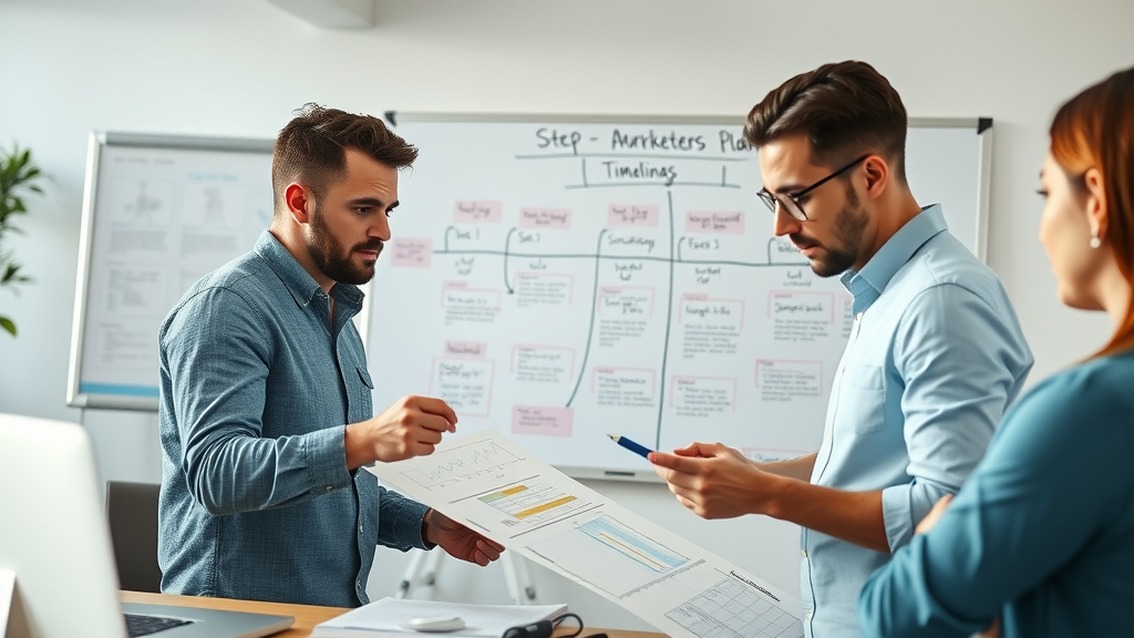 Marketers planning influencer marketing campaigns with mind maps and timelines in a creative agency workspace