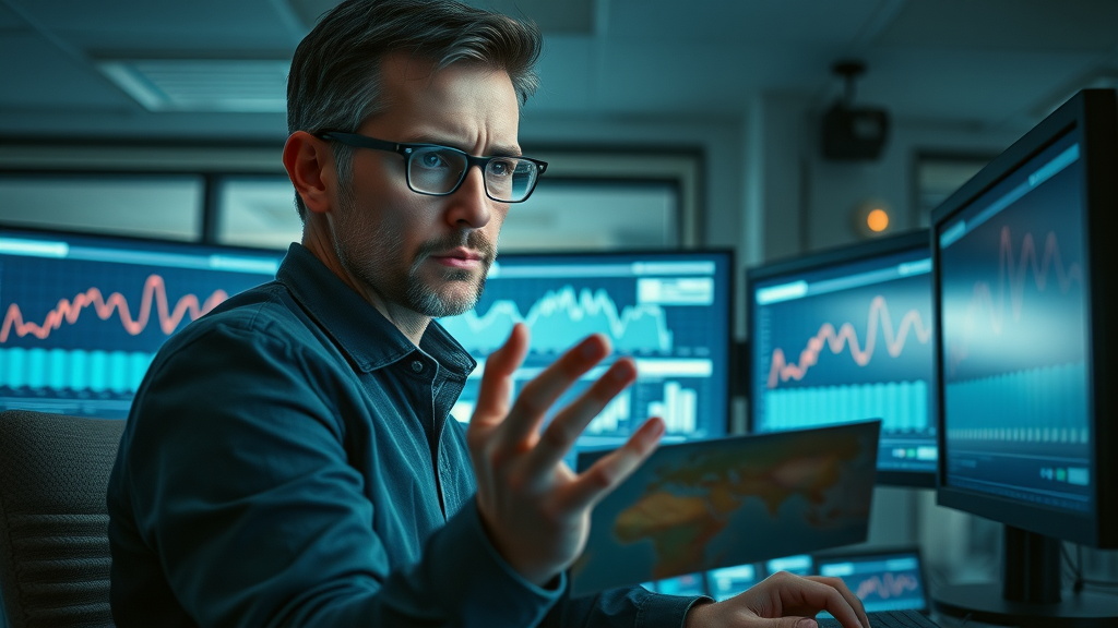 Marketer reviews downward campaign analytics and negative results in a high-detail, cool-toned office
