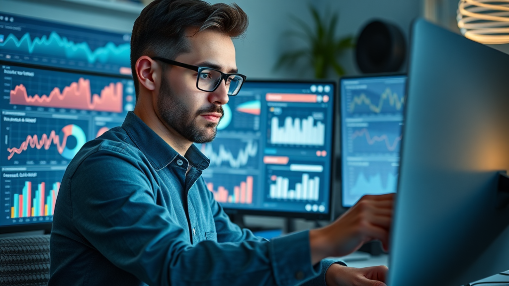 Marketer tracking influencer campaign analytics on digital dashboards in a modern home office
