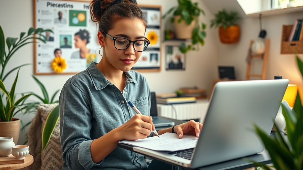 Aspiring influencer marketer planning brand identity using laptop and paper in a cozy creative space