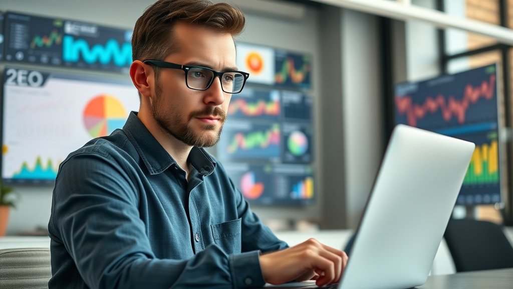 digital marketer reviewing SEO analytics and colorful traffic graphs for seo content optimization in a modern office, photorealistic high detail.