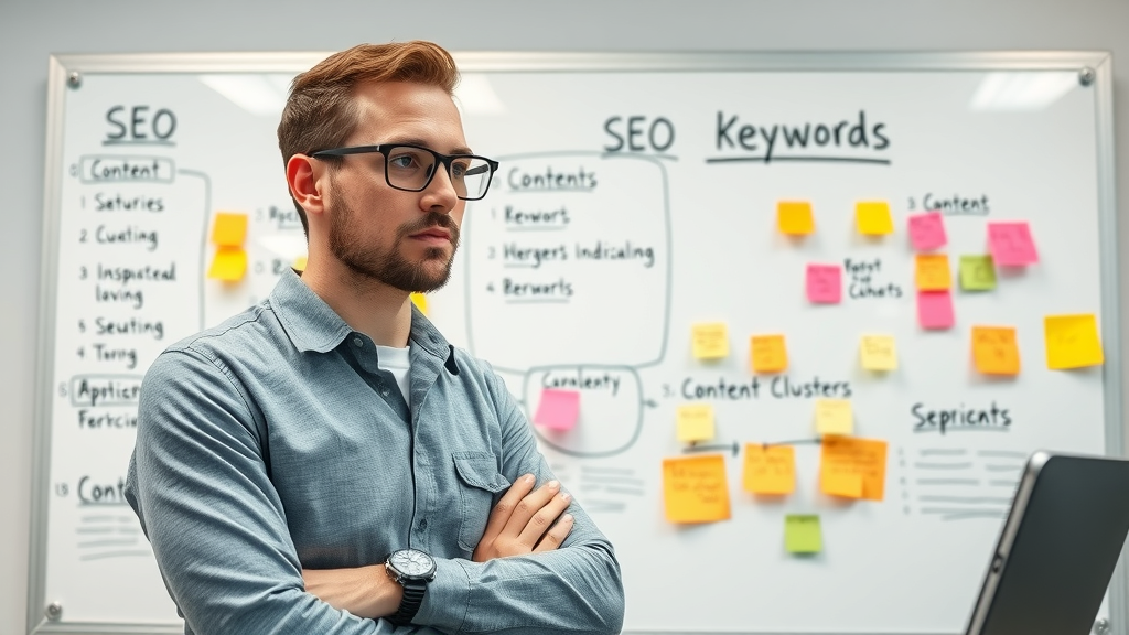 SEO expert assembling keyword notes and content clusters on a whiteboard for optimized SEO content, detailed modern workspace.