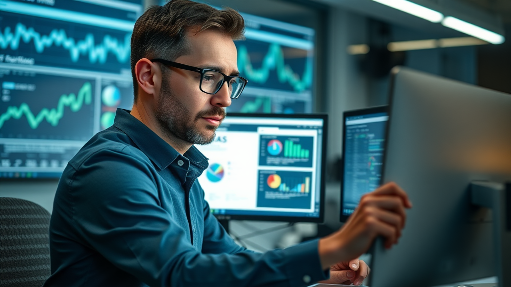 website auditor using SEO tools to scan web pages and audit content optimization issues, dual monitors in modern office, real-time analytics.