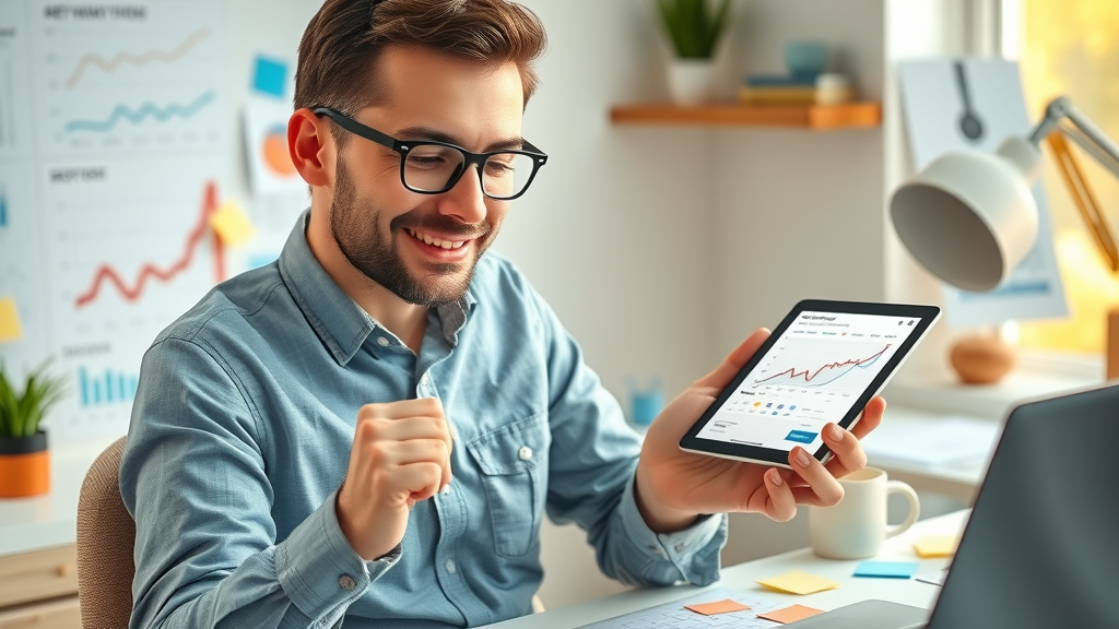 marketer analyzing keyword research data on a tablet, searching for best keywords for seo content optimization, modern workspace, charts.
