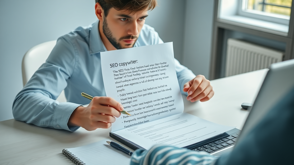 SEO copywriter editing web page draft with optimized headings for featured snippet and meta description, minimal desk, checklist icons.