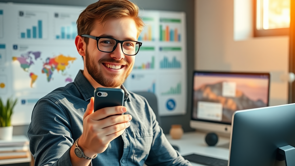 web designer demonstrating mobile-friendly, responsive design for better SEO content user experience, vibrant office, device screens.