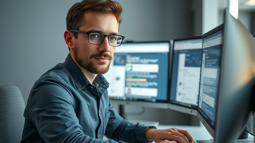 SEO specialist updating meta descriptions and title tags for optimized SEO content on a modern computer screen, digital glow.