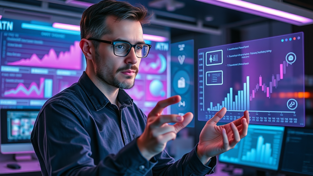 digital marketer collaborating with AI assistant for advanced seo content creation and optimization on futuristic holographic interface.