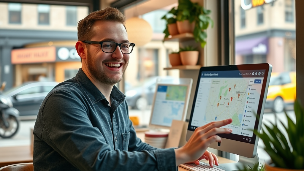 local business owner monitoring Google My Business dashboard and map pins to optimize content for local SEO and search intent.