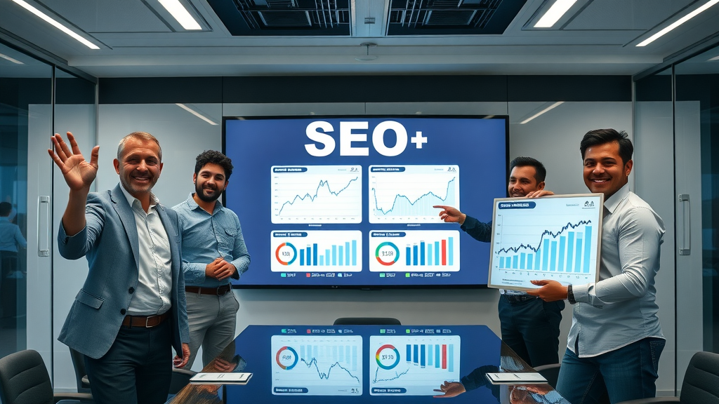 SEO team presenting before-and-after performance charts showing seo content optimization successes, digital screens glow.