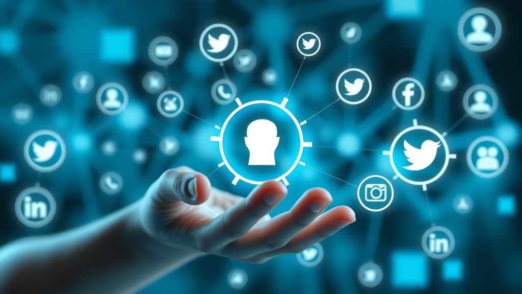 Social media analytics concept, digital infographic with connected platform icons and data streams.
