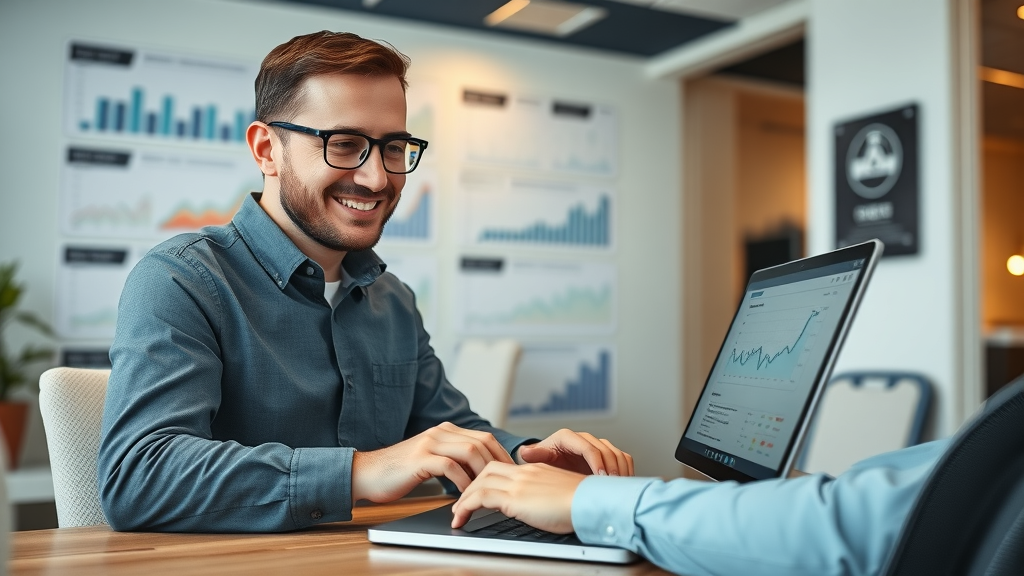 Sterling Heights marketing consultant reviewing analytics software features and comparison charts on laptop.