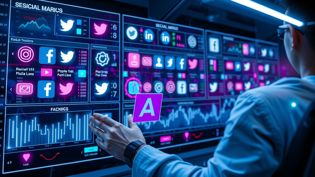 Animated dashboard with social media platform logos, data streams, and analyst reviewing multi-channel performance.