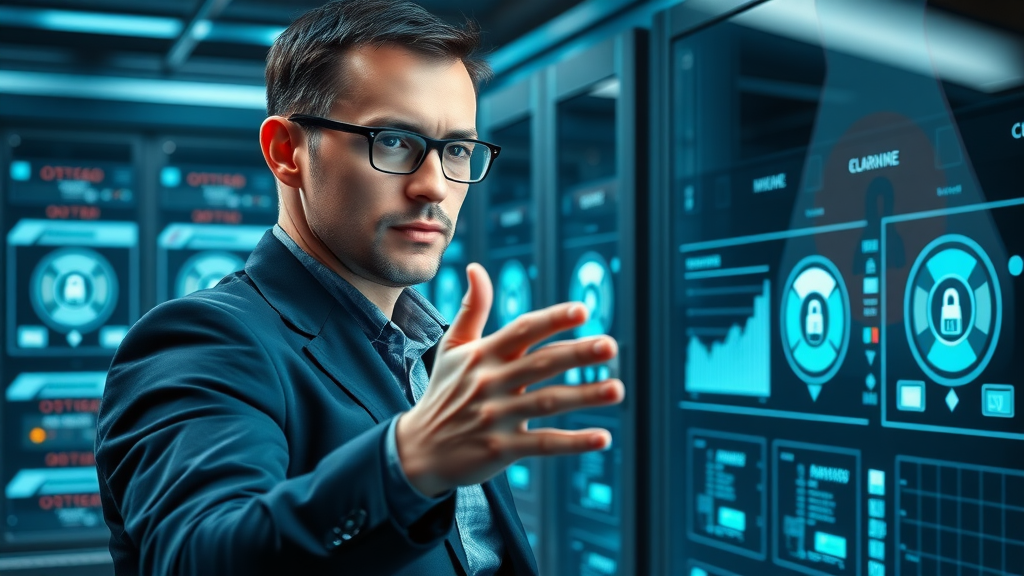 Data privacy officer in Sterling Heights reviewing secure encrypted analytics dashboard in modern data center.
