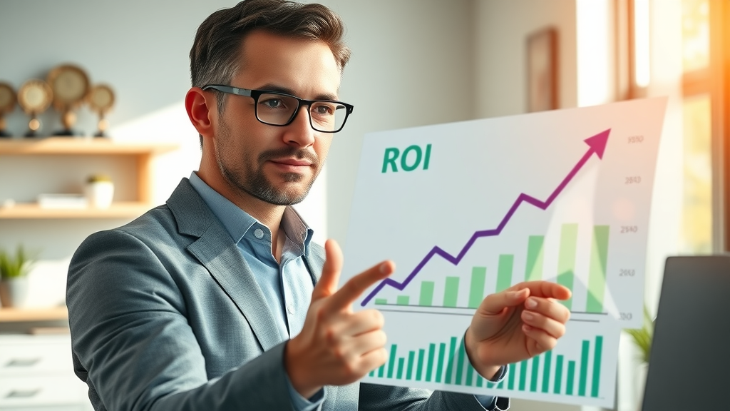 Sterling Heights marketing executive analyzing upward-trending ROI charts on a social media analytics dashboard.