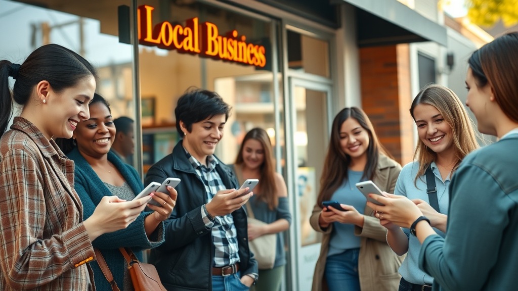 vibrant local business storefront, cheerful customers leaving positive reviews on smartphones, engaging with staff, Photorealistic High Fidelity Lifelike, urban Sterling Heights street scene, highly detailed, lively customer interactions, subtle lens flare, colorful, morning natural light, shot with a 35mm lens.