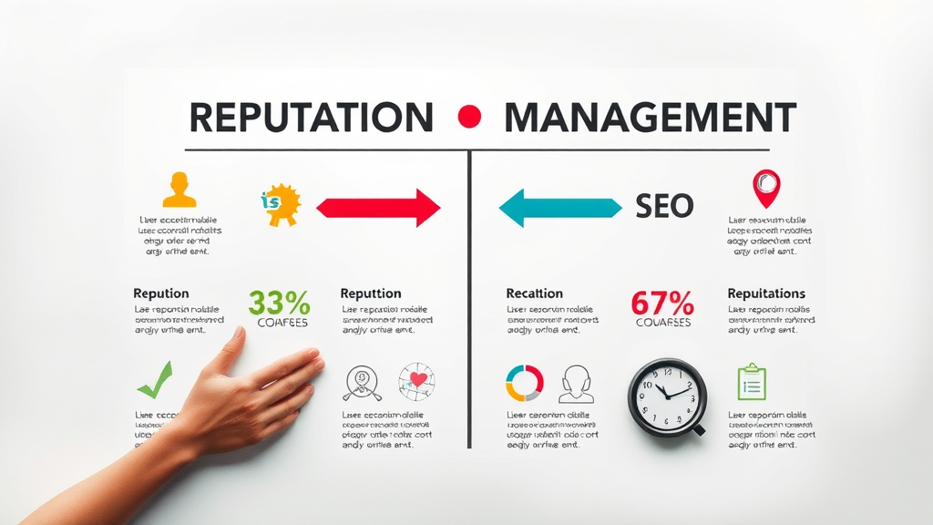 clear infographic-style visualization, illustrating difference between reputation marketing and reputation management, positive vs negative arrows, icons for reviews and SEO, 2D cartoon, white background with branding colors, highly detailed, engaging statistics and design elements, muted color palette, soft ambient lighting, shot with a flat-lay lens.