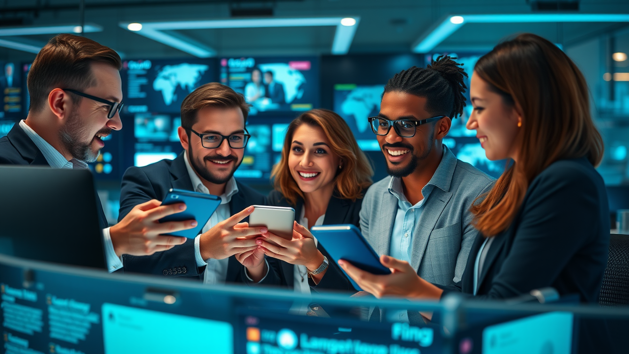 dynamic scene, business team monitoring real-time reviews on multiple devices, attentive and motivated expressions, action of exchanging feedback, Cinematic, modern multi-screen office background, highly detailed, light reflections on glass, navy and teal colors, evening LED lighting, shot with a wide-angle lens.