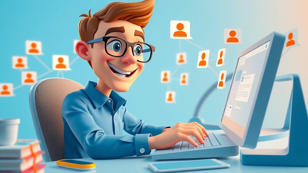 active social media manager, responding to comments on multiple platforms, happy expression, typing and monitoring, 3D Cartoon, organized workspace with branched-out notification icons, highly detailed, vibrant movement, distinct blue and orange colors, bright softbox lighting, shot with a 24mm lens.