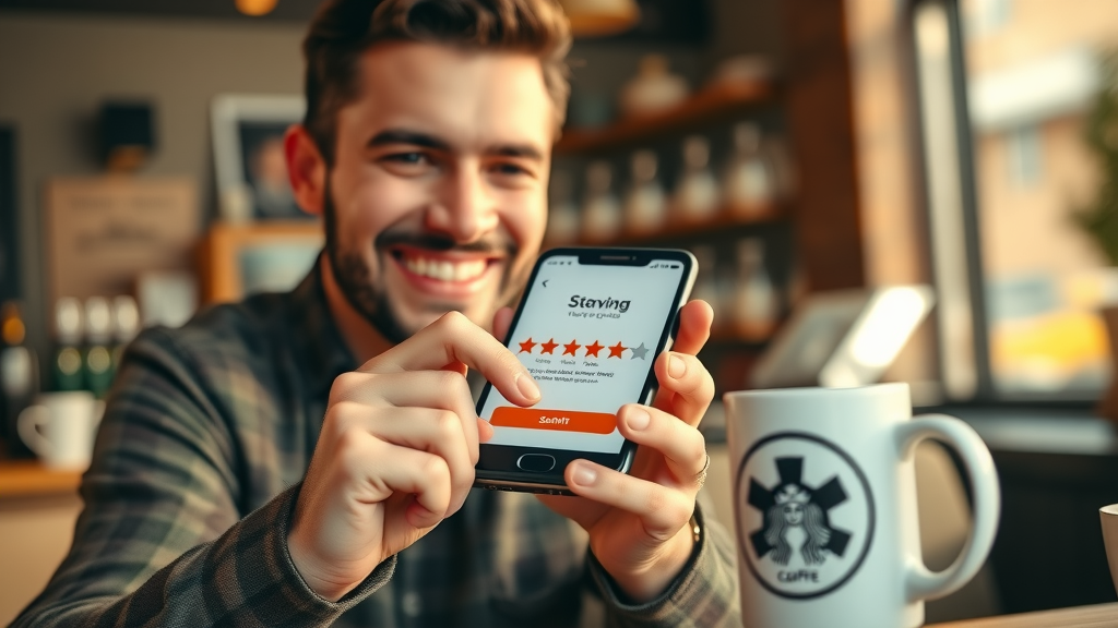 happy customer giving a 5-star rating on a smartphone in a Sterling Heights café, warm smile, finger pressing