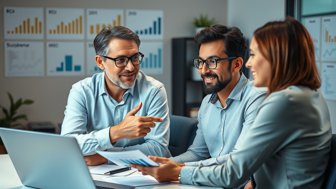 financial consultant advising small business owner, reviewing ROI charts and graphs, optimistic expressions, action of hand gesture toward upward trends, Photorealistic High Fidelity Lifelike, office with wall charts and laptop, highly detailed, monetary-themed colors, soft ambient lighting, shot with a 55mm lens.