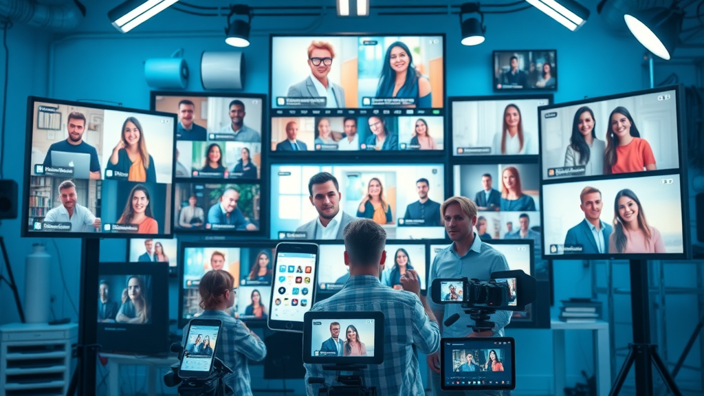 Collage showing diverse creators making videos, stories, images for social media platforms, set in a digital studio with dynamic content bubbles and icons.