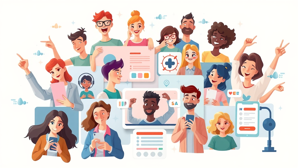 Lively collage representing video, infographics, polls, and stories as social media content types, displayed by diverse avatars and interactive elements.