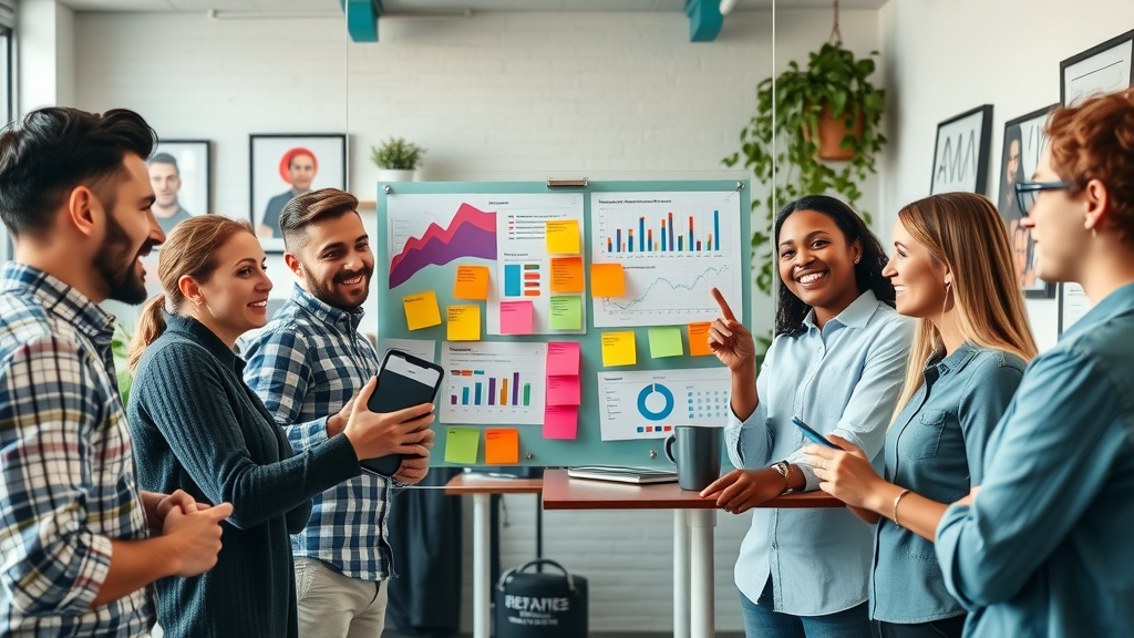 Creative team brainstorming social media content ideas using colorful sticky notes and data charts on a glass board in a modern agency setting.