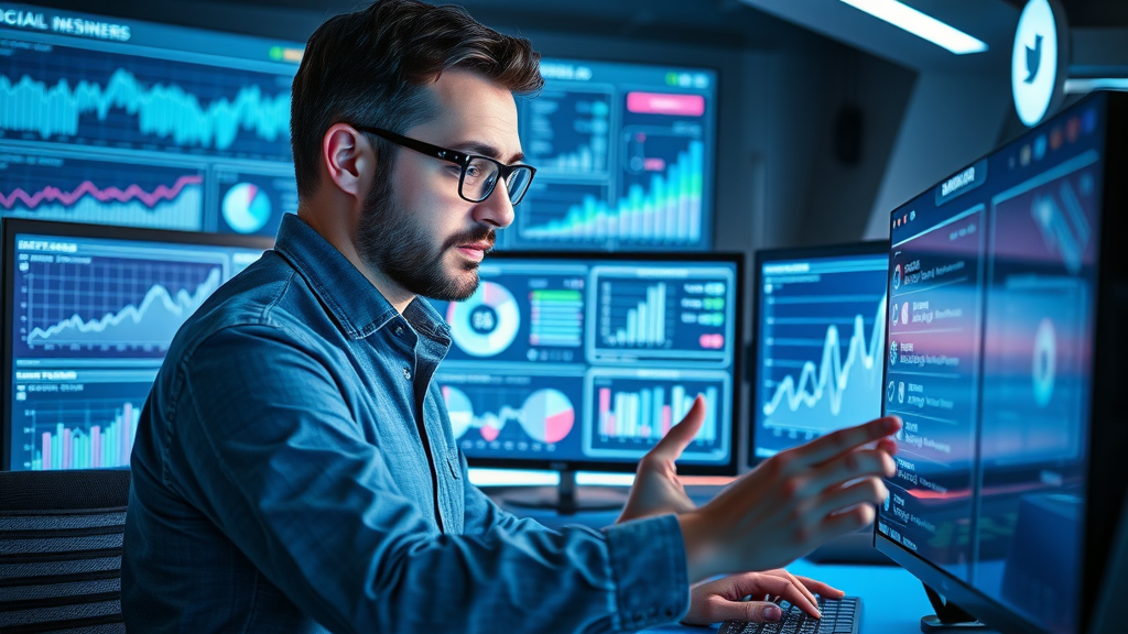 Social media manager analyzing dashboards and comparing social media platforms in a high-tech workspace with holographic graphs.