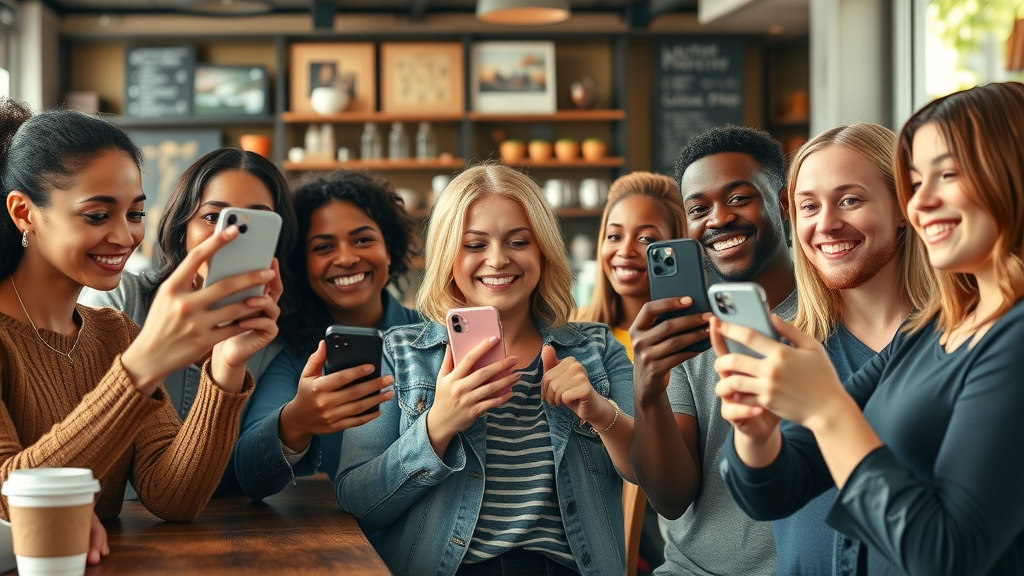 Diverse customers sharing social media photos and reviews featuring a brand product inside a cozy urban coffee shop.