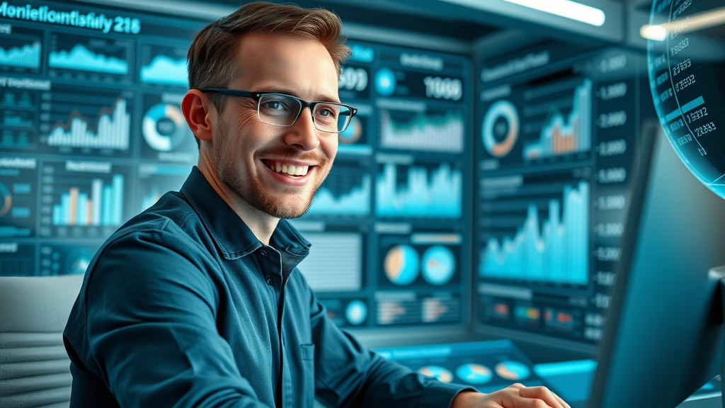 Data analyst monitoring advanced social media metrics on futuristic digital dashboards with holographic charts.