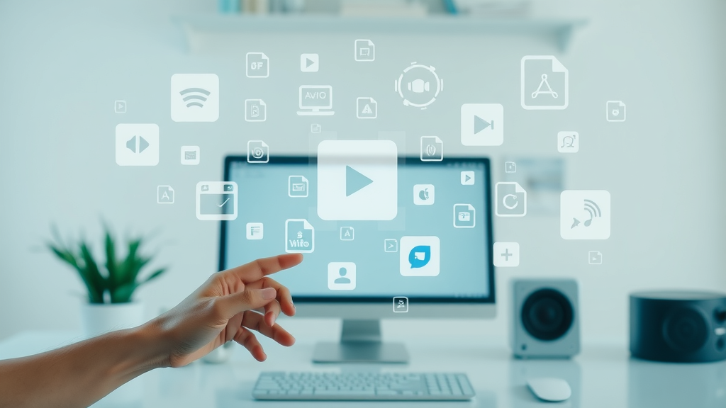 Icons for text, image, video, and audio media content on a clean, modern digital background.