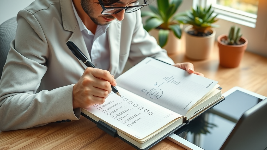 Professional strategist recording do’s and don’ts for social media content on a checklist in a tidy workspace with a digital tablet and natural light.