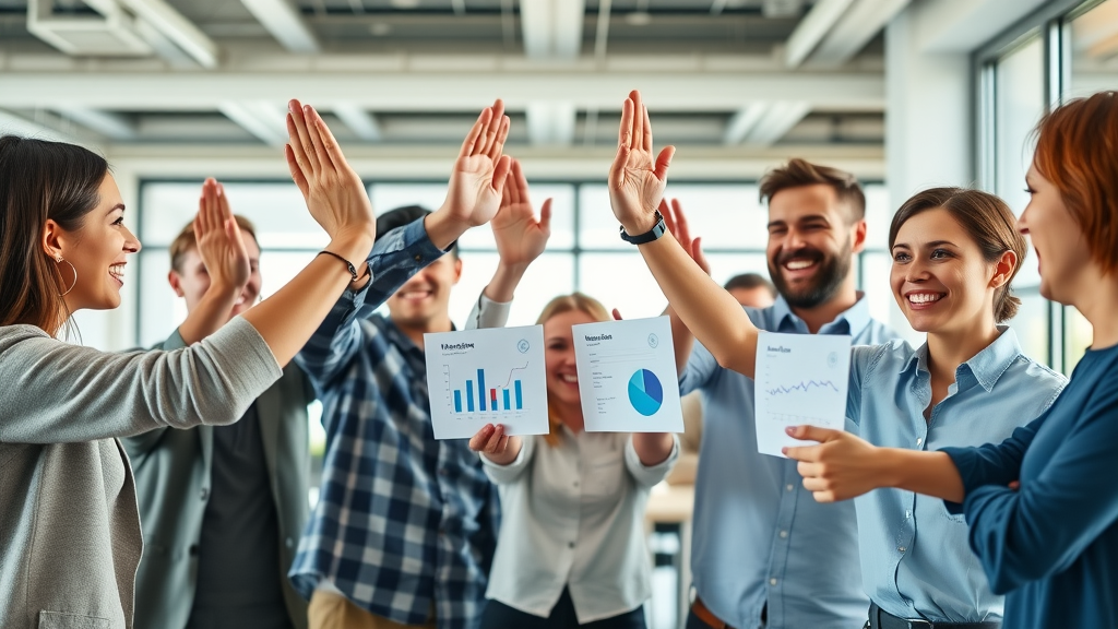 Enthusiastic marketing team celebrating successful brand recall results in a modern office