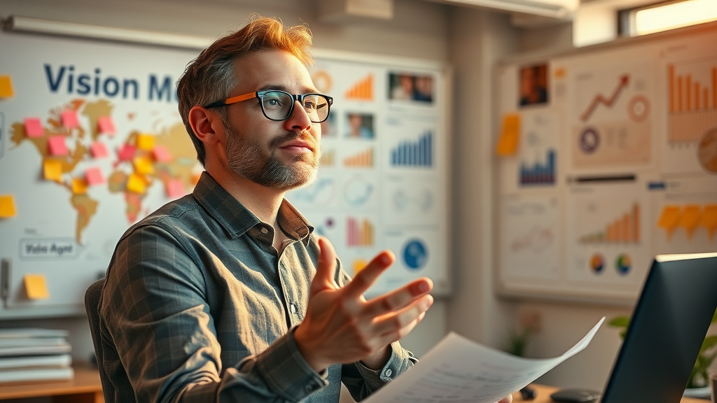 Forward-thinking entrepreneur planning long-term brand awareness and equity strategies at sunset