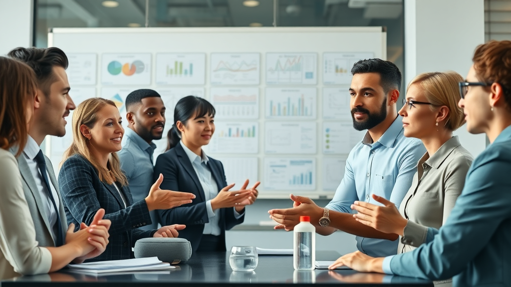 brand awareness strategy discussion among marketing professionals in modern office