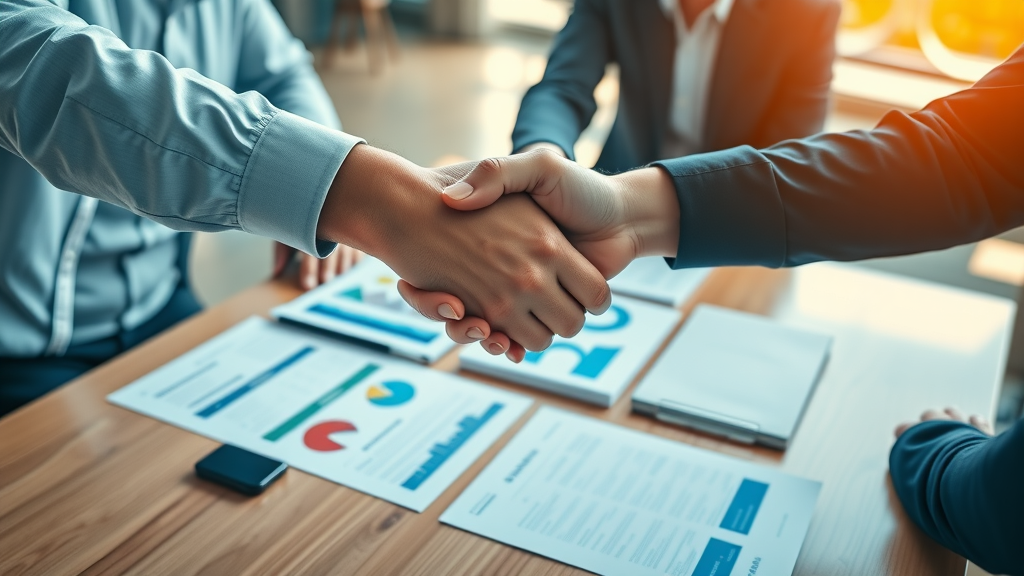 team shaking hands over marketing documents to build brand awareness