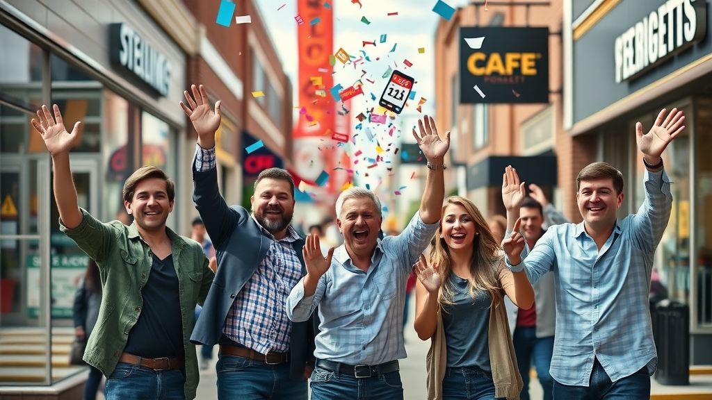 Paid advertising Sterling Heights - Dynamic downtown Sterling Heights business district, energetic owners, successful marketing campaign, vibrant city street storefronts, digital ad icons, natural daylight.