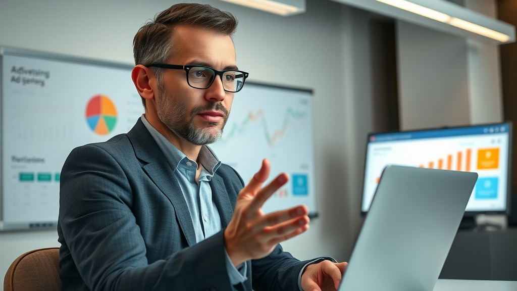 Paid advertising digital campaign - Professional marketing strategist explaining digital advertising campaign, modern office, digital graphs, ad data, Sterling Heights.