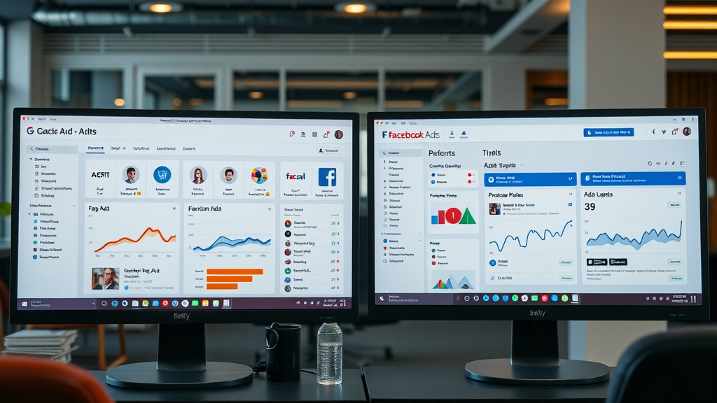 Google Ads vs Facebook Ads - Contrasting dashboards, agency environment, analyzing ad performance, platforms for Sterling Heights paid advertising.