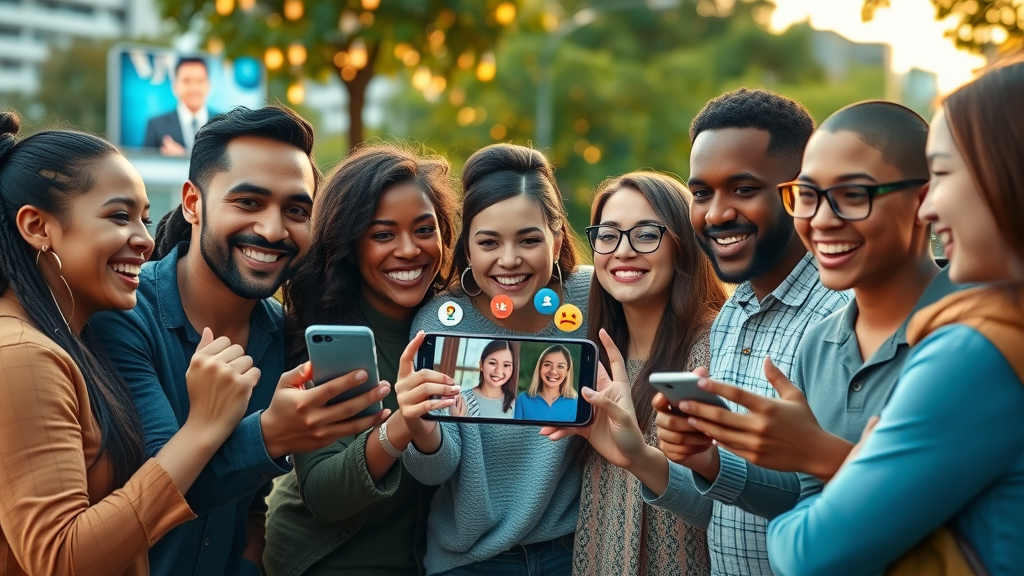 Video advertising Sterling Heights - Diverse group watching an engaging video ad, mobile, positive engagement, city park, digital billboard, paid ad marketing.