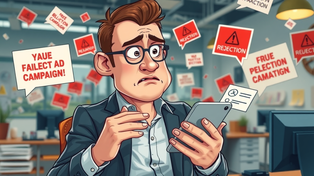 Paid advertising mistakes - Frustrated business owner reviewing failed ad campaign on mobile, chaotic office, negative analytics, Sterling Heights.