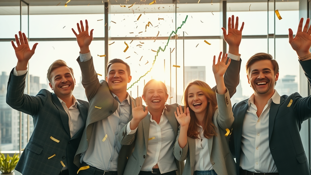 Paid advertising Sterling Heights campaign success - Triumphant business team celebrating digital ad results, Sterling Heights.