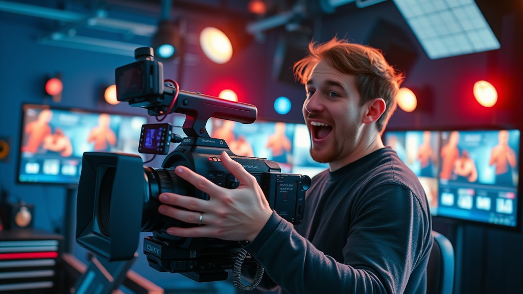 dynamic videographer recording video ads for leading paid advertising campaign in modern studio