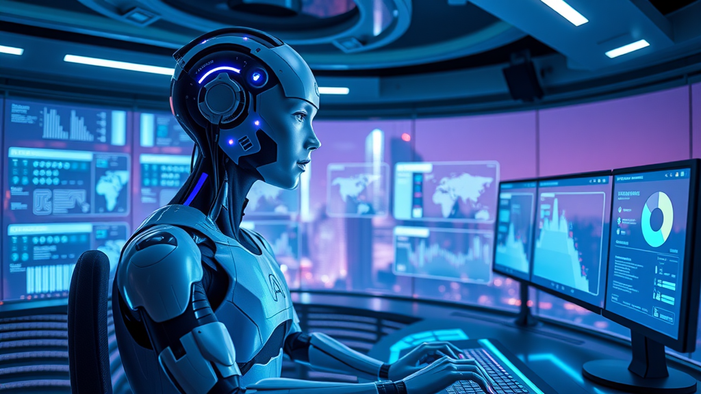 futuristic AI avatar managing holographic dashboards for paid advertising strategies