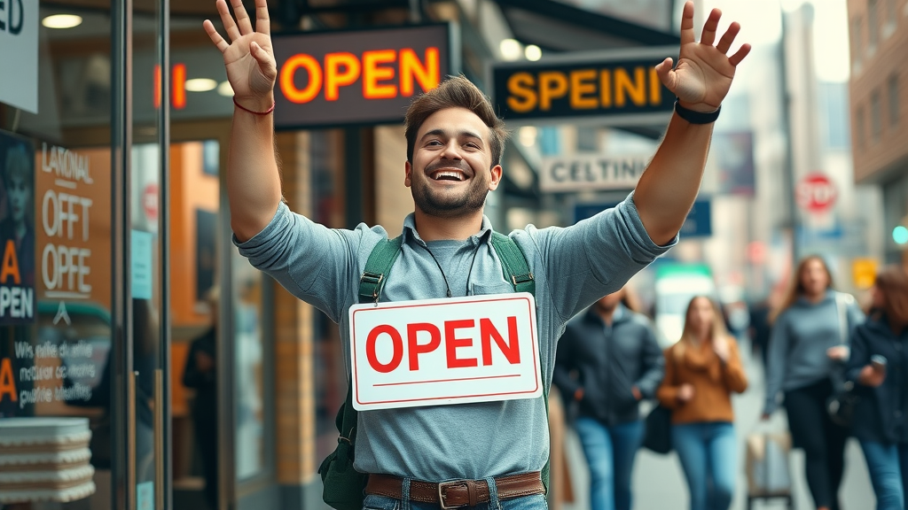 small business owner standing proudly in front of thriving shop, thanks to successful paid advertising strategies
