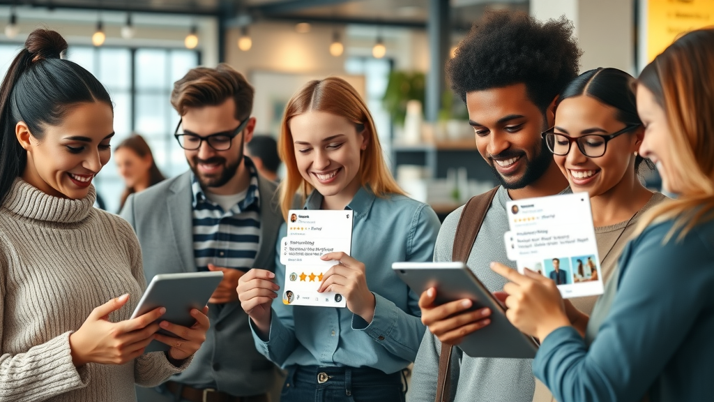 Online reviews: Shoppers engaged and confident, reading product reviews in a modern environment, visible review stars and product images, customer reviews on digital devices.