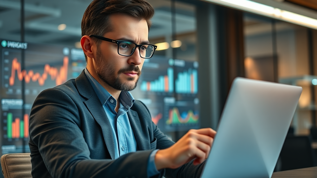 Business owner analyzing customer reviews and feedback on laptop, modern office background with analytics dashboards, customer review insights.
